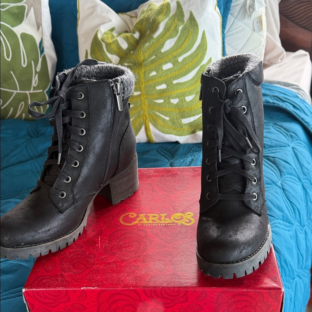 Carlos Santana Black Lace-Up Faux Fur Ankle Boots